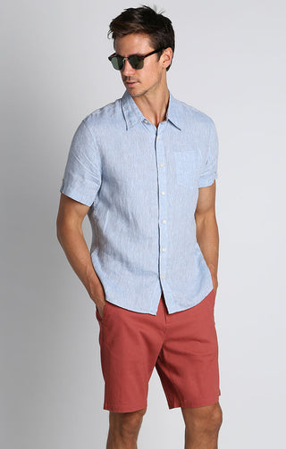 Blue Linen Short Sleeve Shirt - JACHS NY