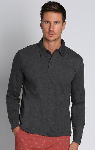 Dark Heather Sueded Cotton Long Sleeve Polo - JACHS NY