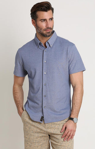 Light Blue Knit Oxford Short Sleeve Shirt - JACHS NY