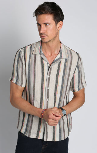 Tan Stripe Linen Short Sleeve Camp Shirt - JACHS NY