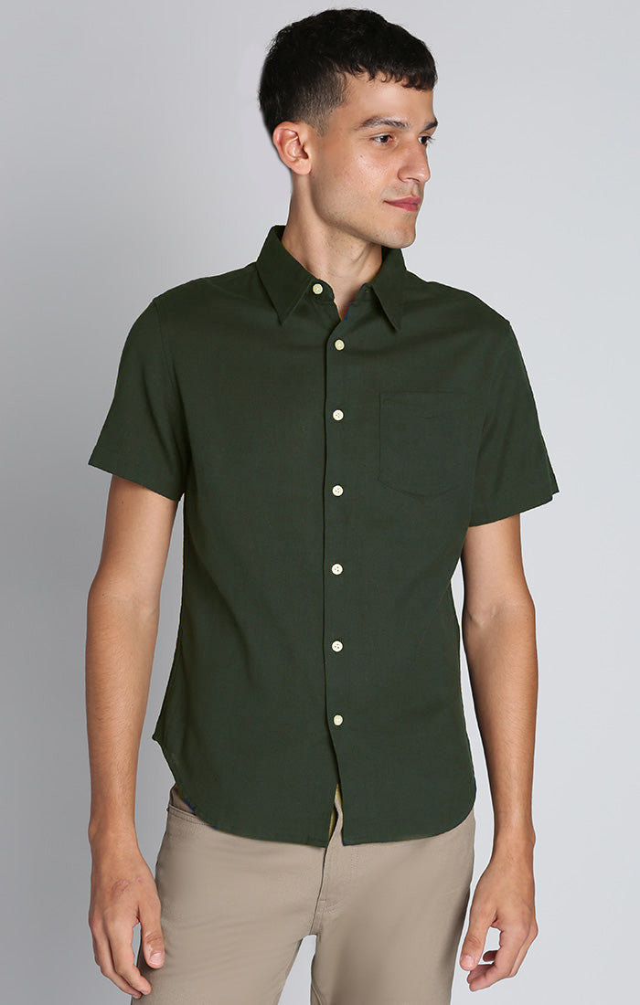 Army Green Cotton Linen Short Sleeve Shirt – JACHS NY