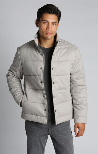 Light Grey Stretch Sateen Quilted Puffer Jacket - JACHS NY