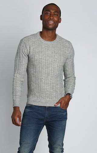 Light Grey Cable Knit Crewneck Sweater - JACHS NY