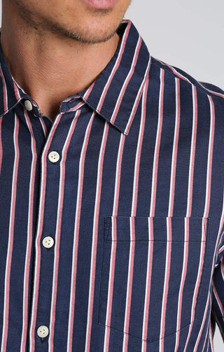 Navy Stripe Rayon Short Sleeve Shirt - JACHS NY