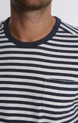 Navy Stripe Cotton Linen Pocket Tee - JACHS NY
