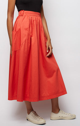 Red Gathered Ankle Length Skirt - JACHS NY