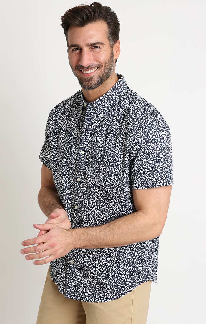 Navy Floral Print Stretch Poplin Short Sleeve Shirt – JACHS NY