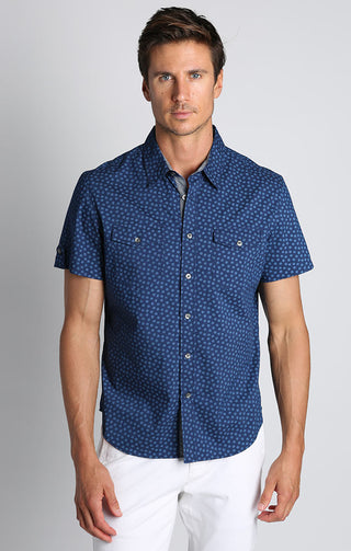 Blue Tonal Print Short Sleeve Tech Shirt - JACHS NY
