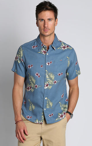 Blue Tropical Print Rayon Short Sleeve Shirt - JACHS NY