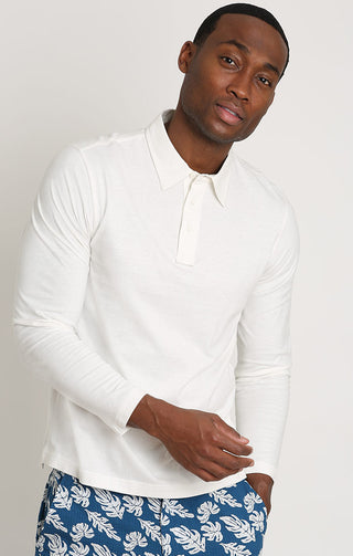 White Sueded Cotton Long Sleeve Polo - JACHS NY
