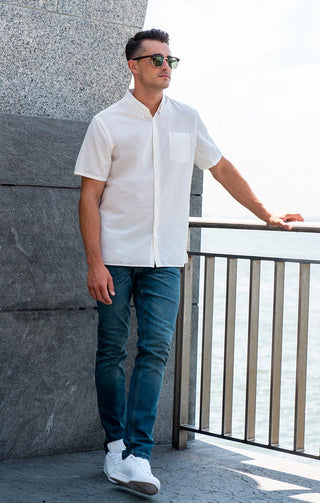 Hayati White Linen Tencel Blend Short Sleeve Shirt - JACHS NY