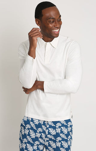 White Sueded Cotton Long Sleeve Polo - JACHS NY