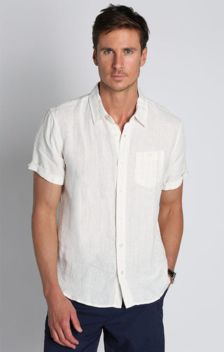 Ivory Stripe Linen Short Sleeve Shirt - JACHS NY