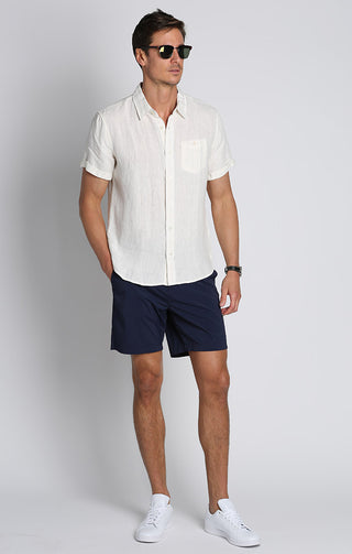 Ivory Stripe Linen Short Sleeve Shirt - JACHS NY