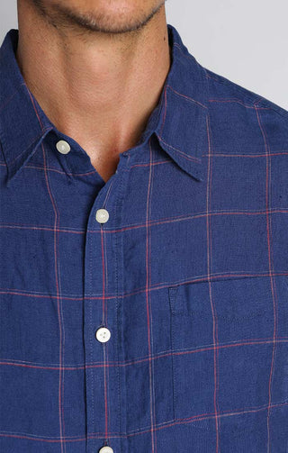 Blue Windowpane Linen Short Sleeve Shirt - JACHS NY