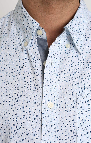 Blue Floral Print Stretch Poplin Short Sleeve Shirt - JACHS NY