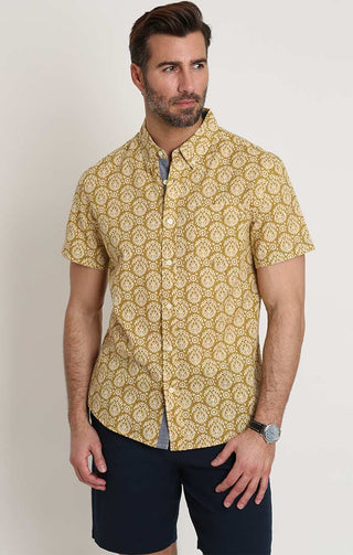 Gold Block Print Stretch Short Sleeve Shirt - JACHS NY
